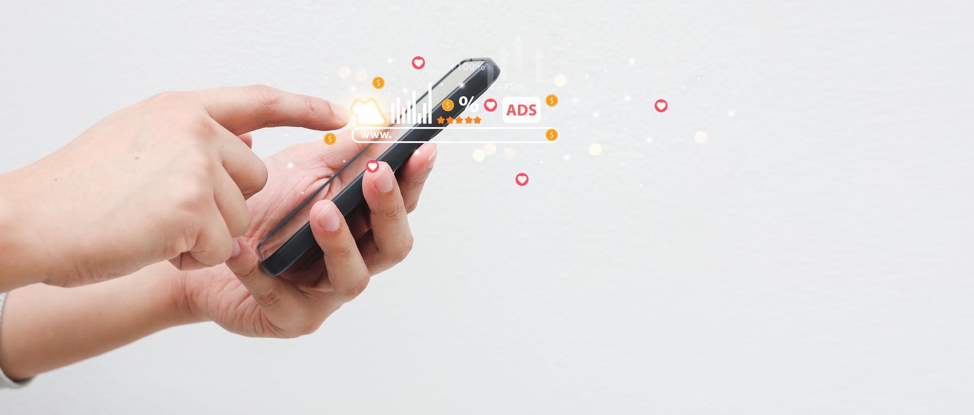 close up man hand hold smartphone to click on web page from affiliated program and working about content of social media marketing for internet network technology and business concept