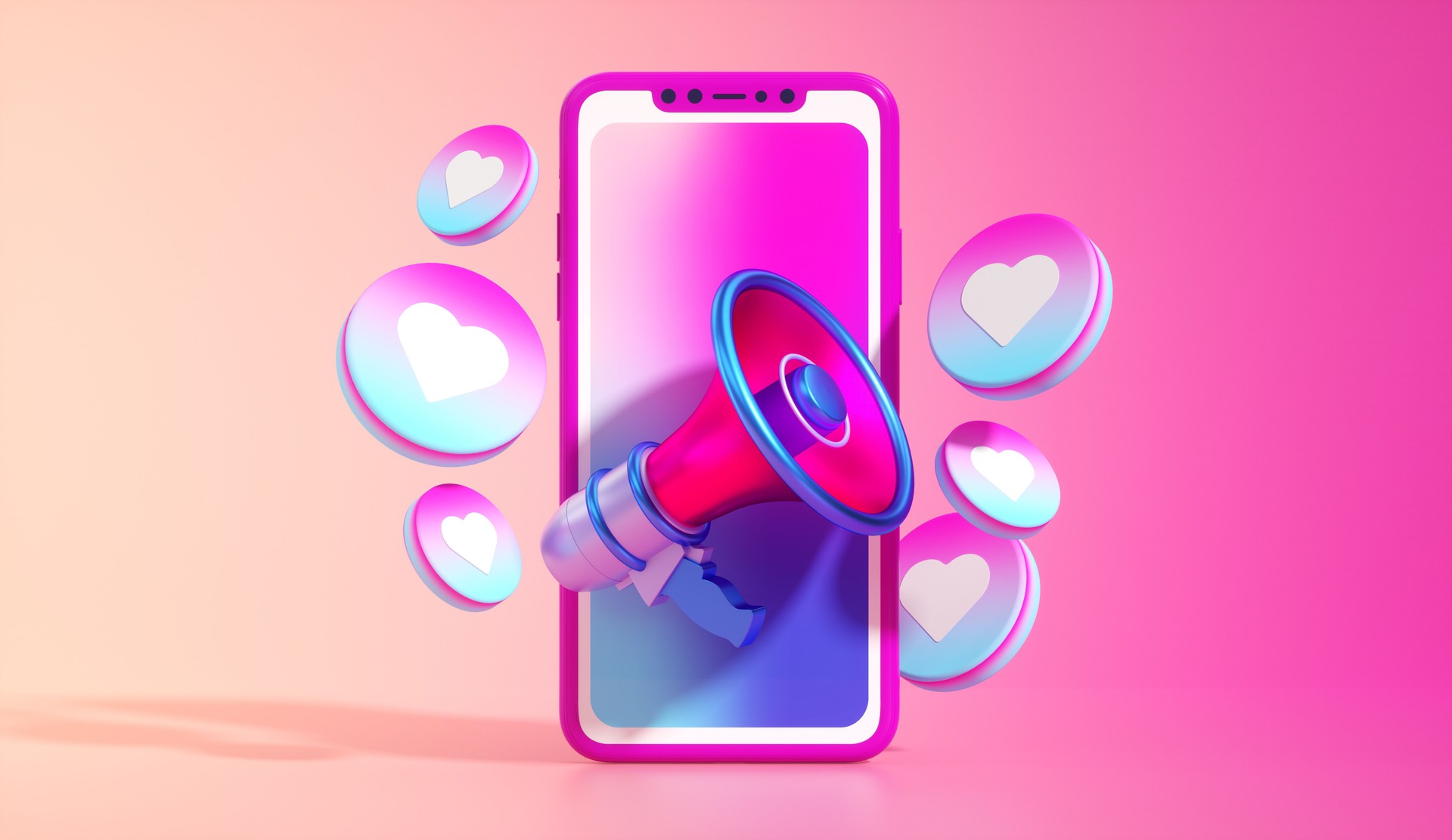 Smartphone and megaphone with heart icons on a pink background. Social media concept, vibrant colors, neon glow - 3D render.